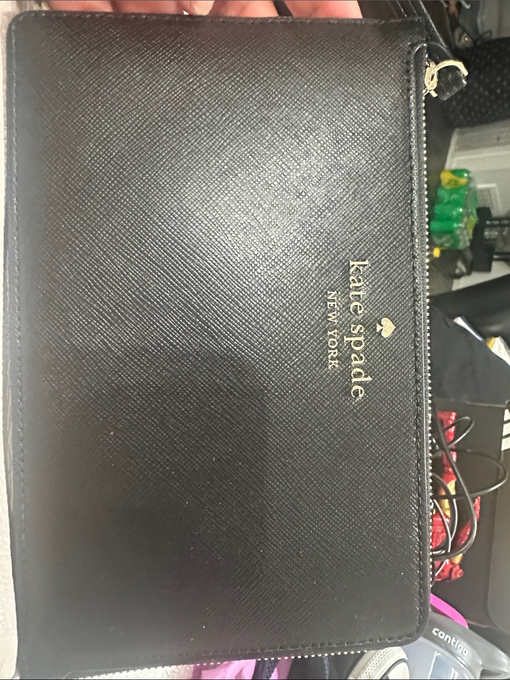kate spade black leather zip wristlet with gold logo